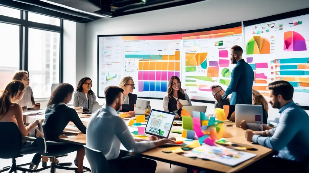 A modern office setting with a diverse team of marketing professionals collaborating over a large digital dashboard displaying charts, graphs, and campaign