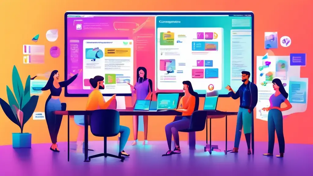 A colorful and dynamic illustration of a digital marketing team in a modern office space. They are gathered around a big screen filled with checklists and