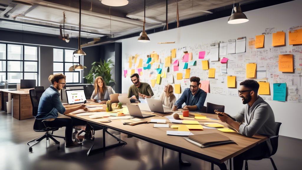 A modern office setting with a creative team brainstorming and collaborating around a large table. On the wall, there are whiteboards and sticky notes fill