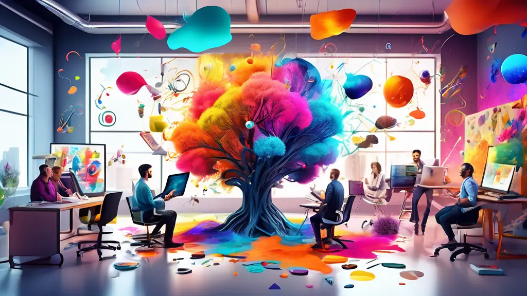 An imaginative scene of a creative team brainstorming in a modern office, with vibrant, swirling ideas visualized in the air as bright, colorful shapes and