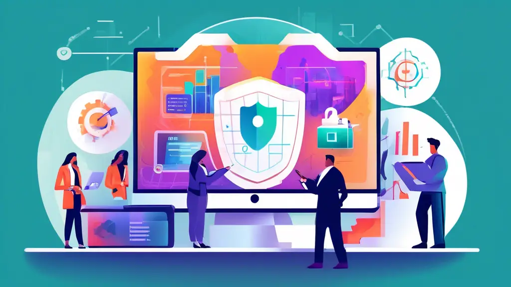 A business setting with a group of professionals analyzing digital ads on a computer screen, an antivirus shield icon overlay, and a budget chart showing s