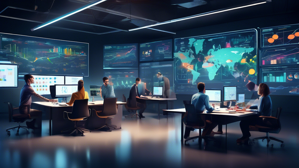A futuristic office setting with a large digital screen displaying complex data and analytics. A group of professionals collaborate, analyzing graphs and c