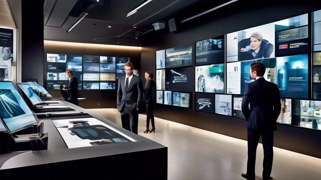A sleek, modern marketing office with large digital screens displaying personalized advertisements. One screen shows an ad for luxury watches targeted at a