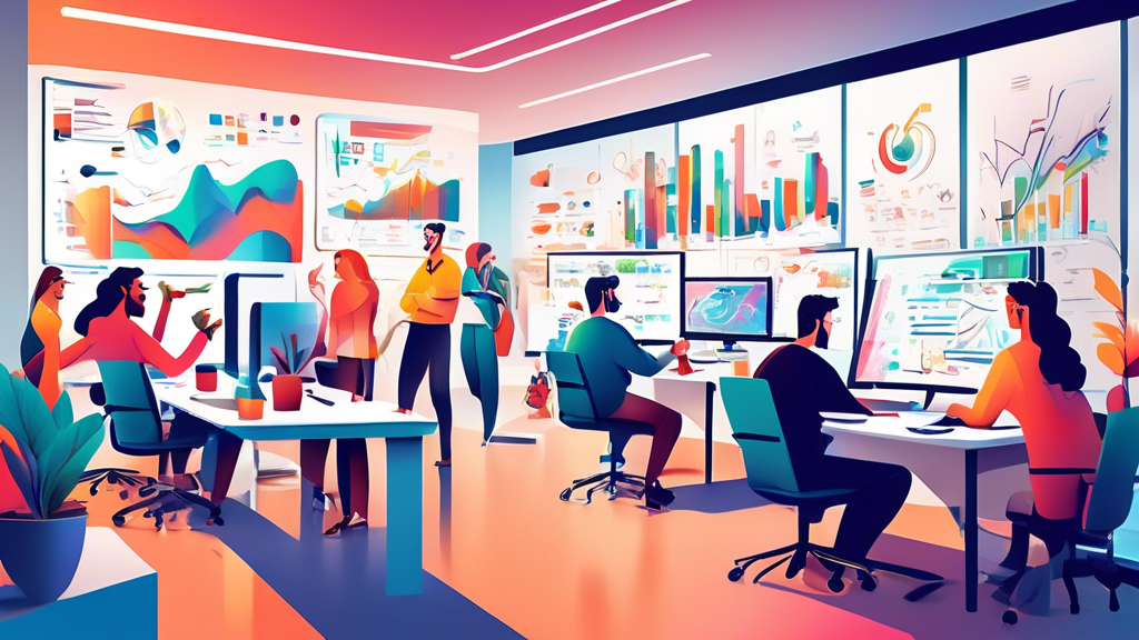 A busy marketing office with diverse teams analyzing and discussing various creative ad designs, data charts, and A/B testing results on large monitors and