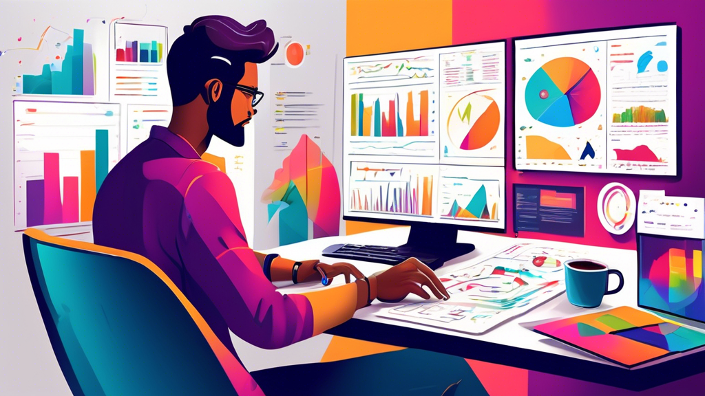 A digital marketer analyzing a complex dashboard with various graphs and charts, showing metrics such as impressions, clicks, conversions, and ROI. The set