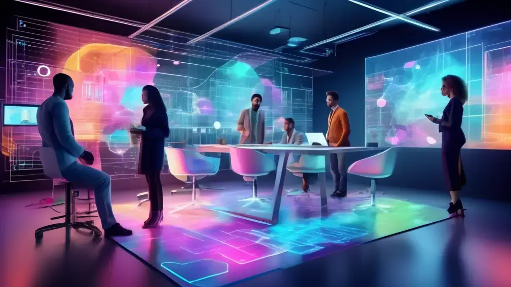 Create an image of a futuristic office where a group of diverse marketing professionals are analyzing holographic data charts and brainstorming innovative