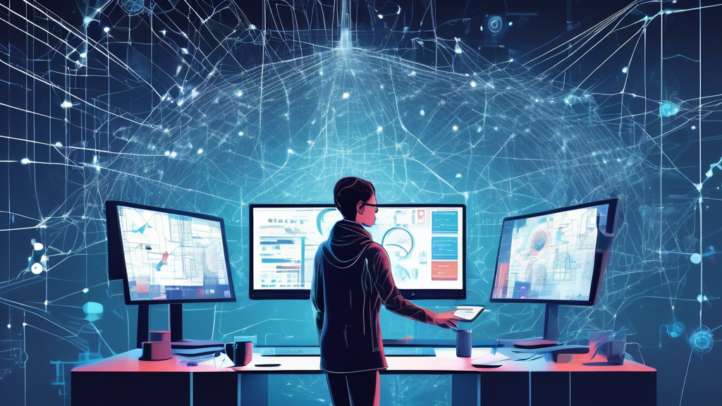 A dynamic illustration showing a futuristic digital landscape with a person standing at a computer, analyzing complex data visualizations and code. In the