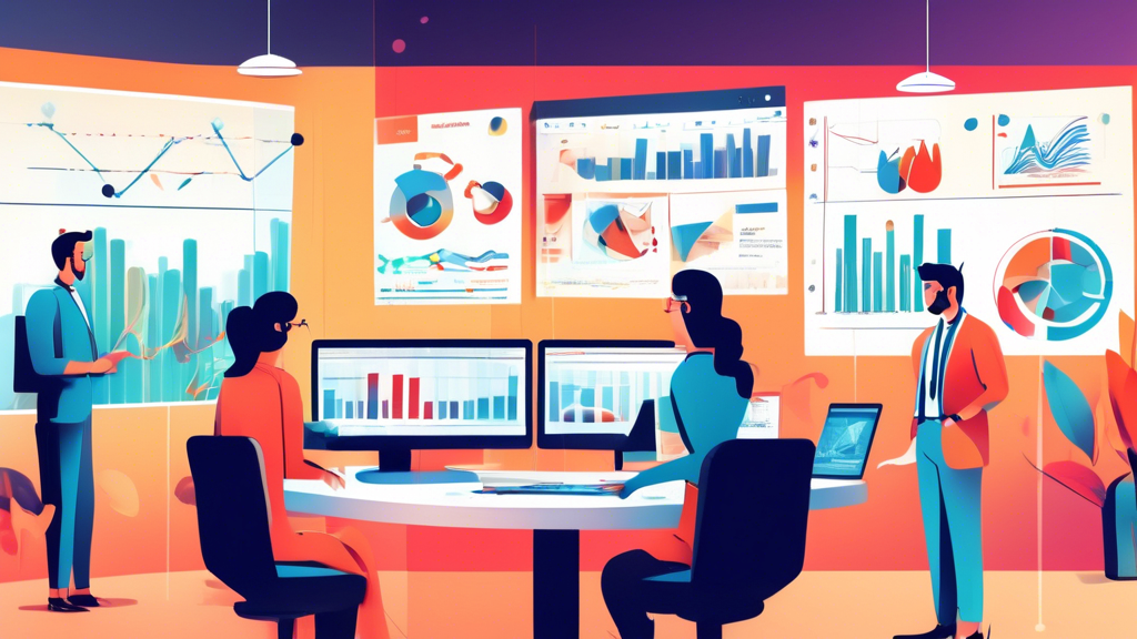 An office environment with digital screens and charts displaying search engine optimization (SEO) metrics and data, including graphs, pie charts, and trend