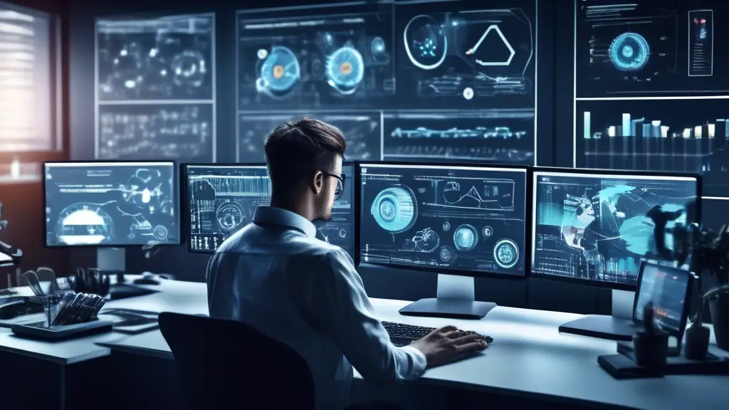 An office workspace scene showcasing a person in front of multiple computer screens displaying various automation tools and graphs. The person is attentive