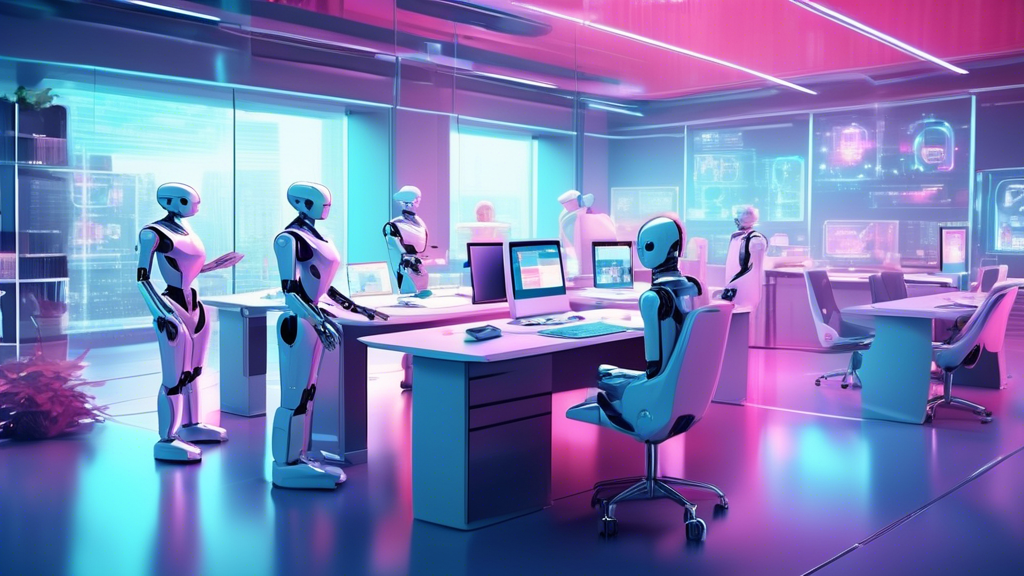 A futuristic office scene with robots and AI systems efficiently managing tasks, such as data entry, scheduling, and customer service. The human employees