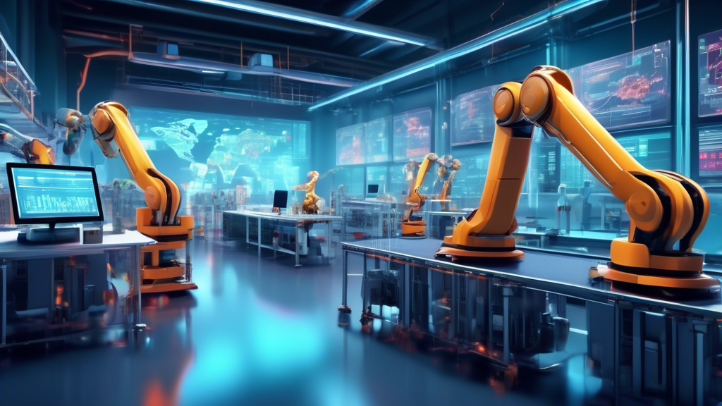 A futuristic industrial factory with robotic arms assembling various products on a conveyor belt, while engineers monitor the process on digital screens. I