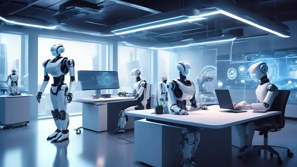 A futuristic office environment with robots and advanced machinery assisting professionals in various tasks. The scene emphasizes collaboration between hum