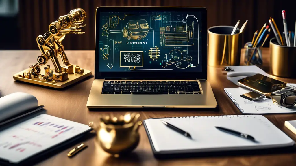 Create an image of a modern office desk featuring various automation tools such as a sleek laptop with lines of code on the screen, a smartphone with produ