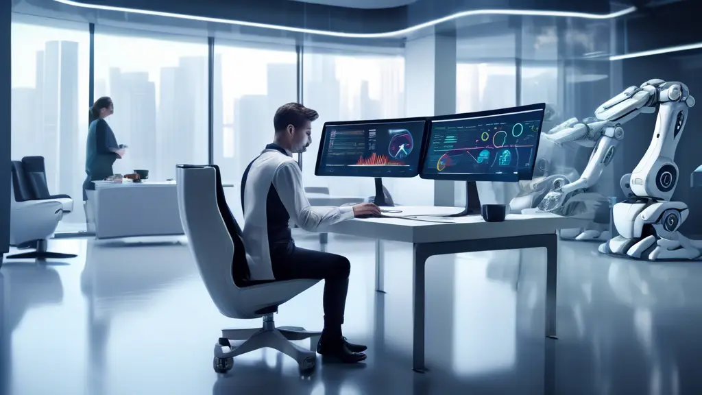 A futuristic office setting with a sleek, modern design. A robotic assistant manages various financial tasks on multiple screens displaying data charts, tr