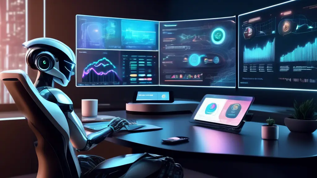 Create an image of a sleek, futuristic home office with a smart assistant device on a desk, surrounded by holographic screens displaying financial data, gr