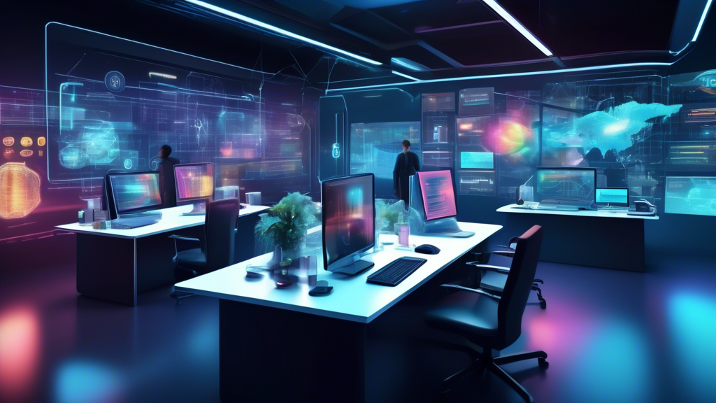A futuristic workspace with interconnected digital devices forming a cohesive tech stack, showcasing seamless integration between software systems. Hologra