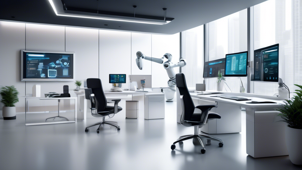 A sleek office environment with various cutting-edge technological devices seamlessly connected, showing a diverse range of software applications integrati