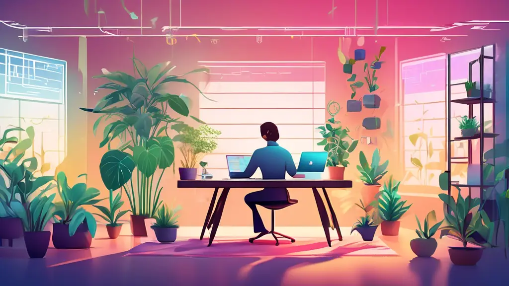 A serene office setting incorporating elements of mindfulness and technology: a person in a meditative yoga pose at a standing desk surrounded by project m