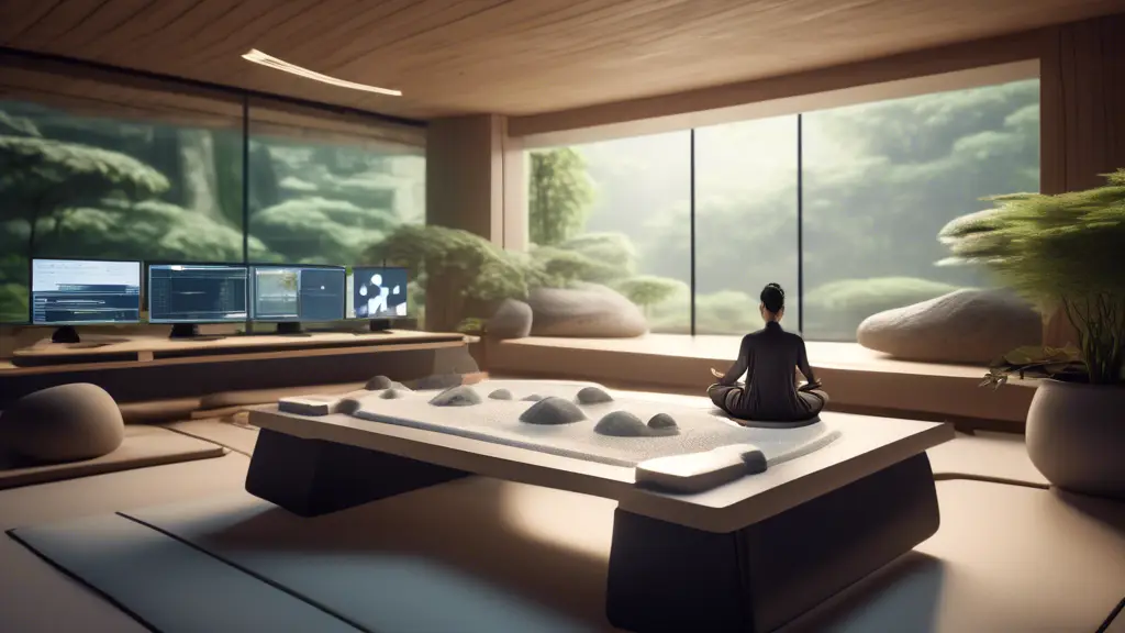 A serene office space with a zen garden in the foreground, where a person is meditating in the lotus position. In the background, there are computer screen