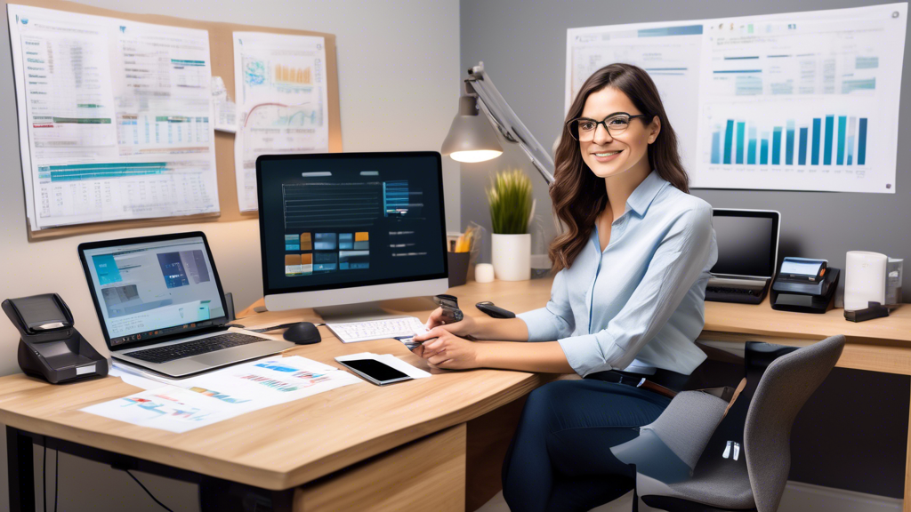 A small business owner sitting at a desk filled with affordable, DIY automation tools such as a laptop with budget-friendly software, a smartphone with pro