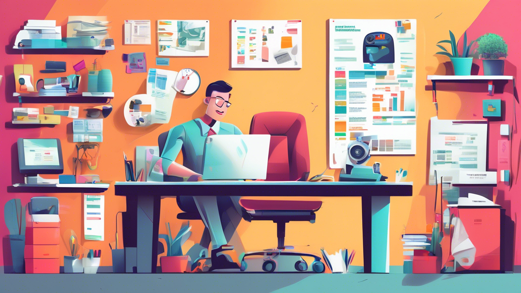 Illustration of a small business office with various automated tools like a computer with scheduling software, an affordable AI assistant on a phone, a bud