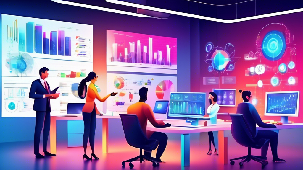 A modern office scene with high-tech gadgets and digital screens showing automated workflows for sales and marketing. A team of professionals smiling and c