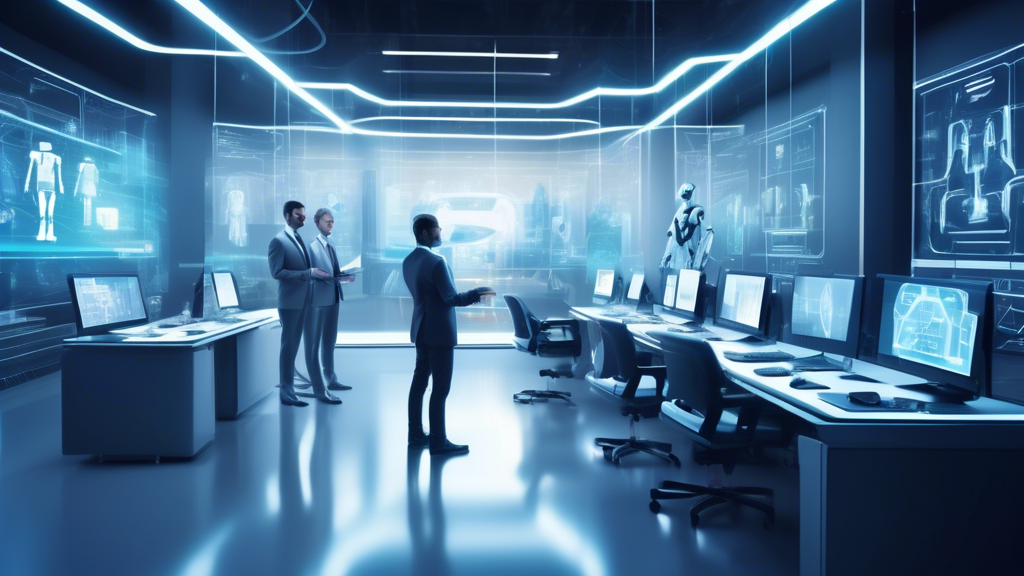 Create an image of a futuristic office setting where robots and AI systems are seamlessly assisting human employees with sales and marketing tasks. Show ro