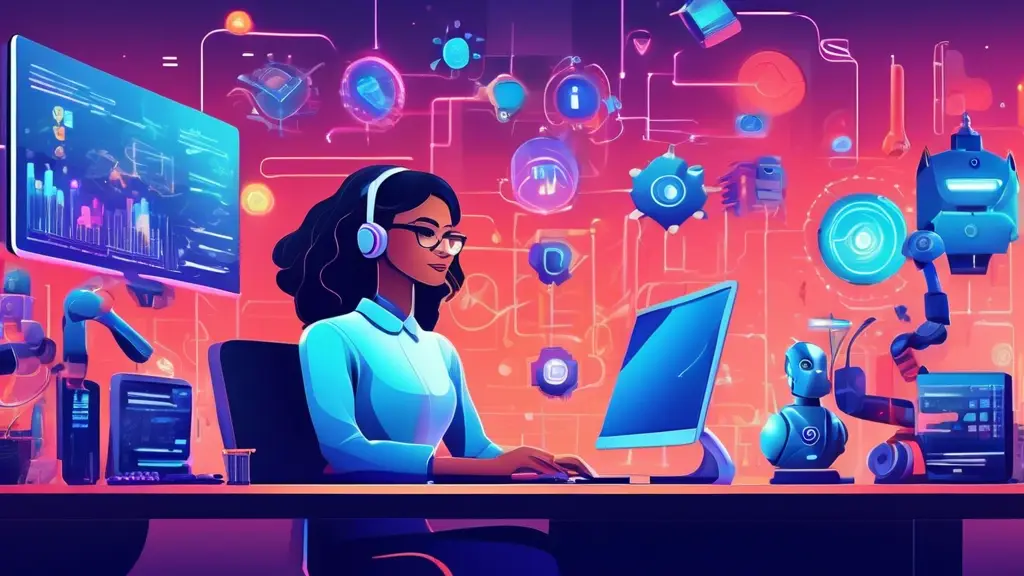 A small business owner at a desk, surrounded by futuristic automation tools and technologies, with robots and AI systems efficiently handling tasks like in