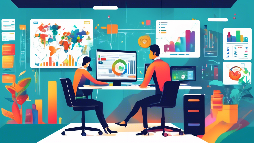 Create an image of a small bustling office where various business automation tools are actively working. Illustrate software dashboards, robotic assistants