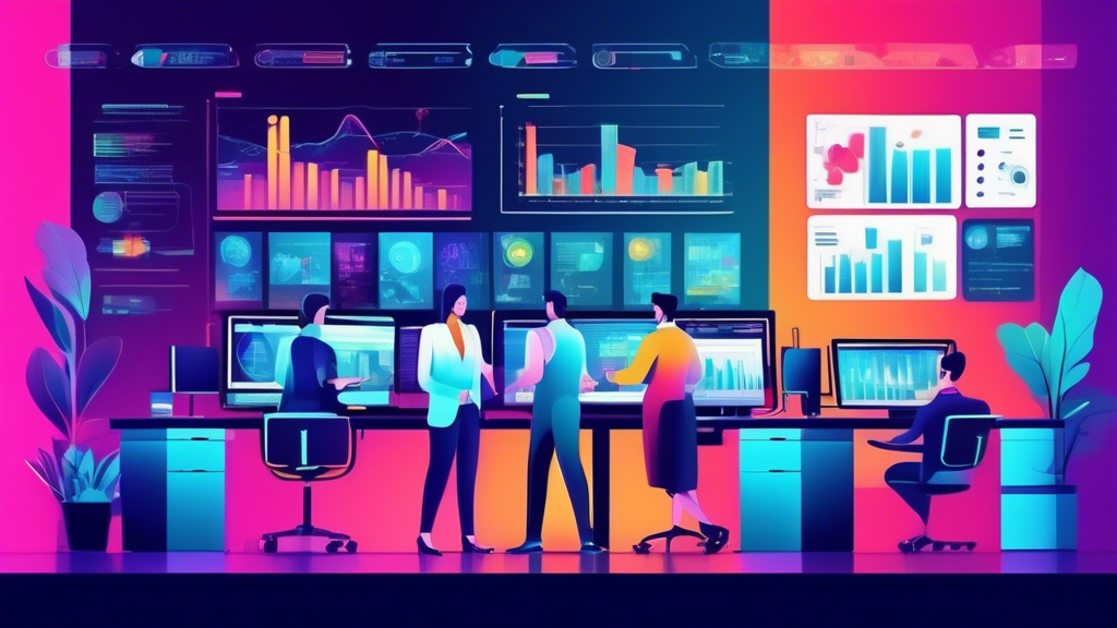 Create an image of a modern office workspace, featuring business professionals analyzing data on digital screens. A robot or AI assistant is actively inter