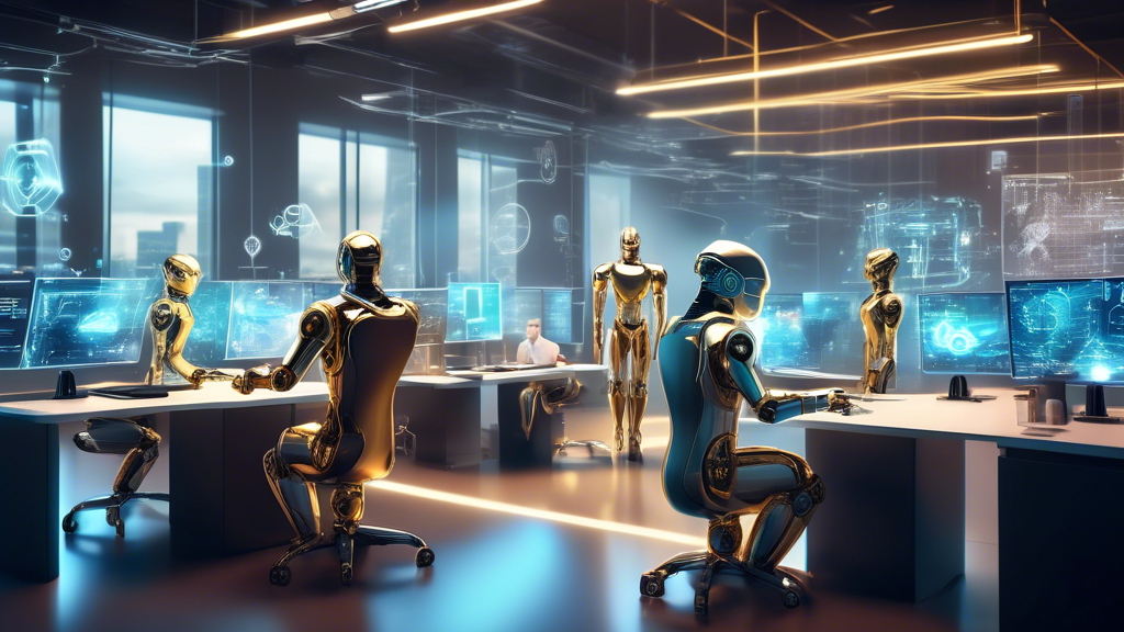 A futuristic office scene with advanced robots and AI working efficiently alongside human employees. The humans are using high-tech gadgets and holographic