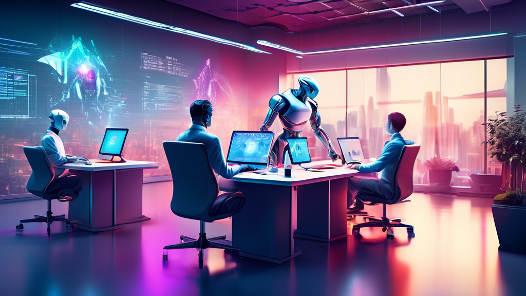 A futuristic office setting where high-tech robots and AI systems collaborate seamlessly with human workers. The atmosphere is vibrant and dynamic, suggest