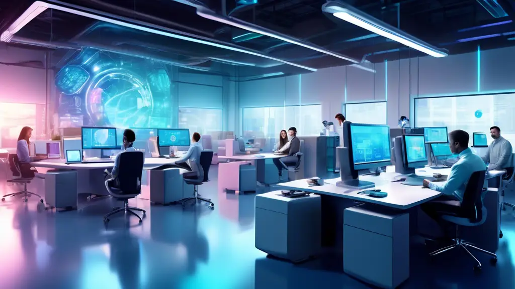 A futuristic office setting with diverse employees working seamlessly alongside advanced robotic assistants. The humans and robots collaborate efficiently,