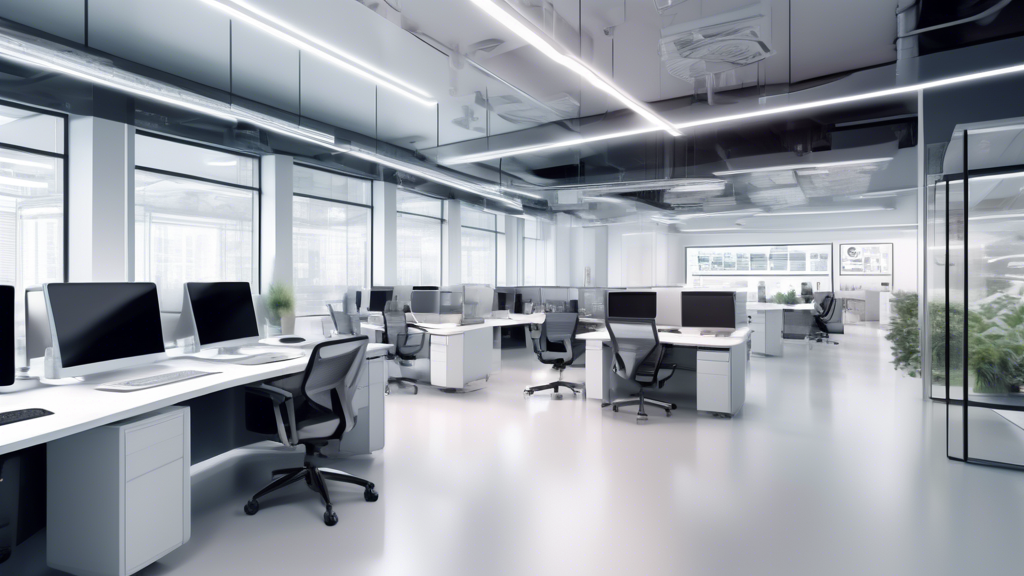 Create an image of a high-tech office space where a team of professionals successfully implements an automation system. The atmosphere is collaborative, wi