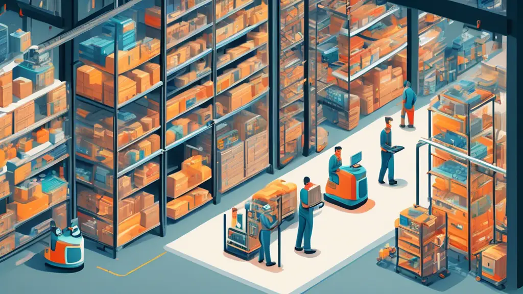 A modern warehouse interior with towering shelves filled with organized inventory, advanced robotics and machinery efficiently moving items, a central cont