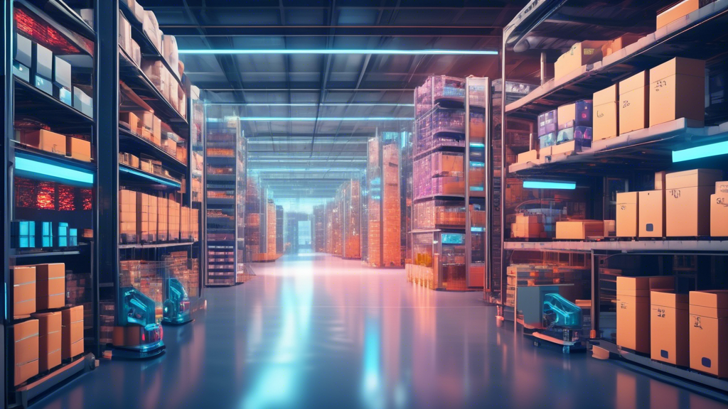 A futuristic warehouse filled with robots and automated machines efficiently managing shelves and inventory, with advanced technology like drones, AI-power