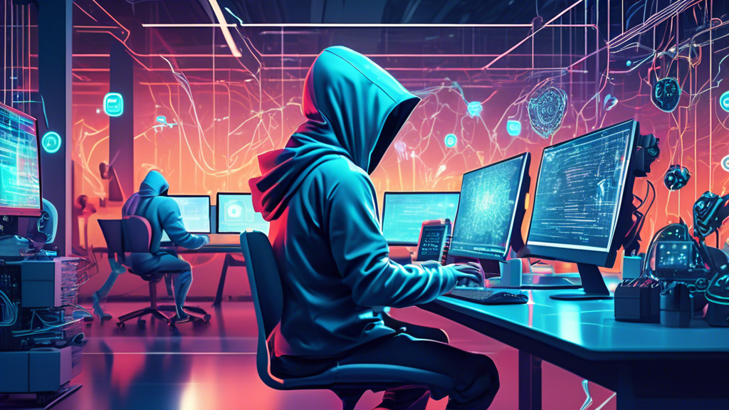 A futuristic office space filled with various automated machines and robots performing tasks. In the background, a hacker in a hooded sweatshirt can be see