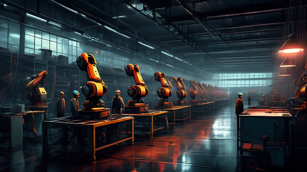 A high-tech factory floor with robots and automated machinery working efficiently, shadowed by ominous, dark clouds overhead. Human workers stand in the ba