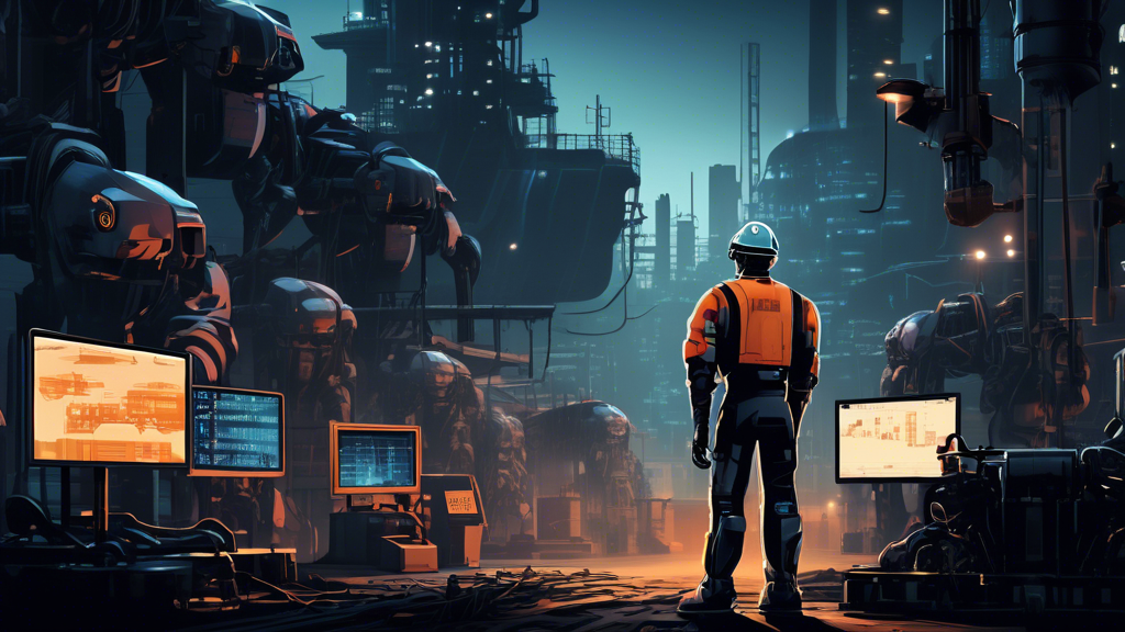An illustration depicting a futuristic cityscape with robots and advanced machinery performing various tasks. In the foreground, a worried human worker sta