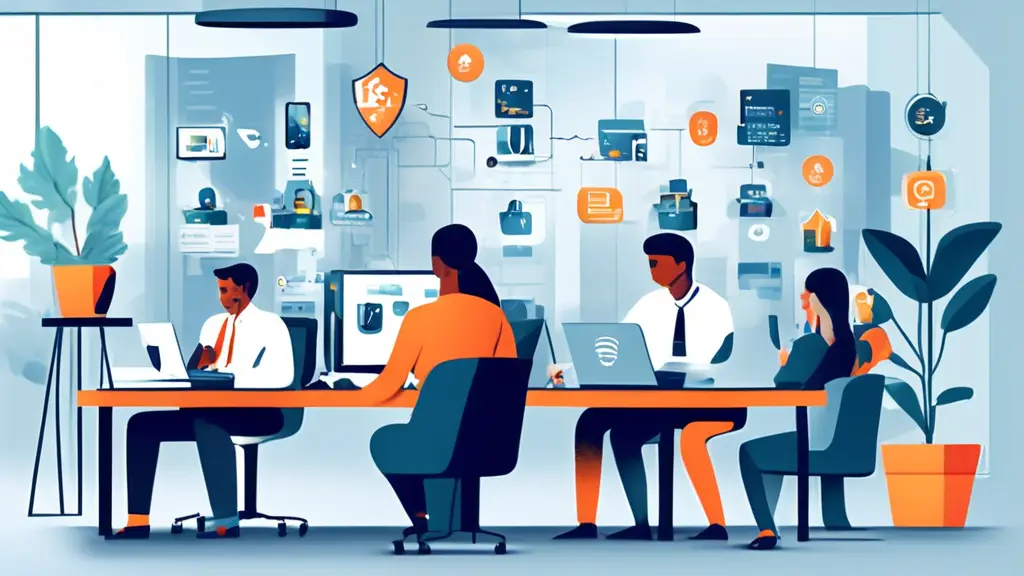 Illustration of a corporate office with employees using various personal devices like smartphones, tablets, and laptops. The scene should depict a balance