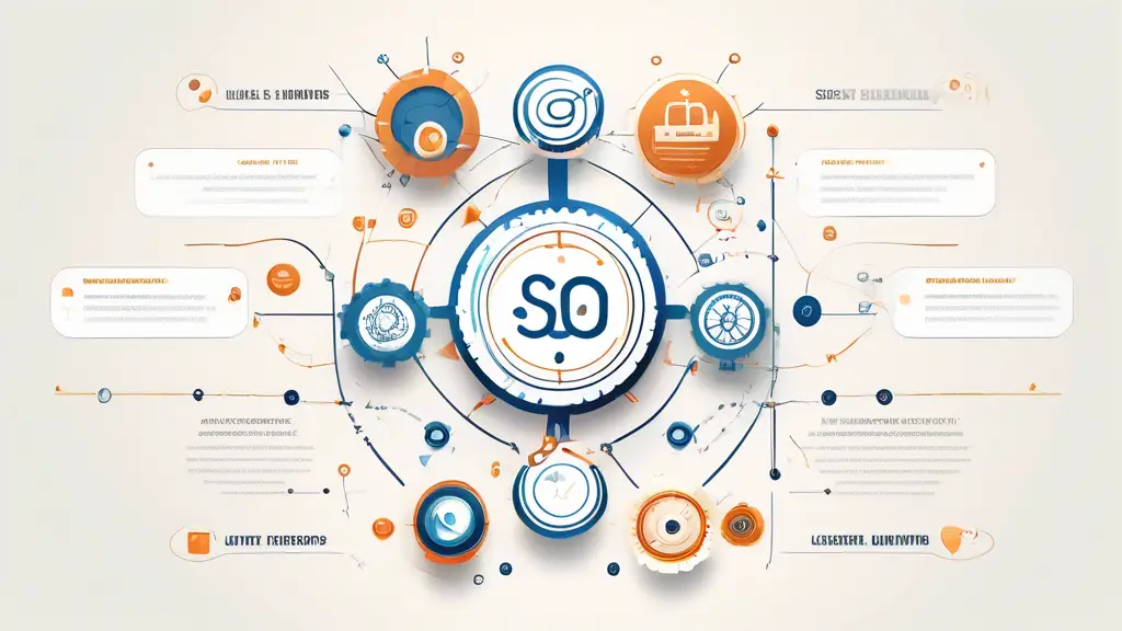 A sleek, modern website interface divided into two balanced halves. On one side, intricate and detailed icons and elements representing SEO strategies like