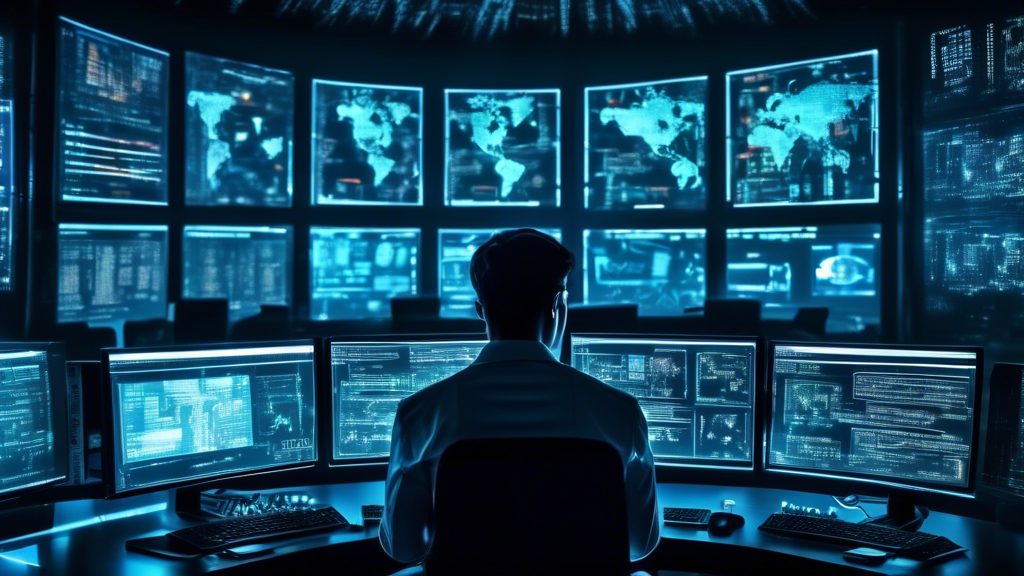 An image depicting a determined cybersecurity professional in a high-tech control room, surrounded by multiple computer screens displaying complex codes an