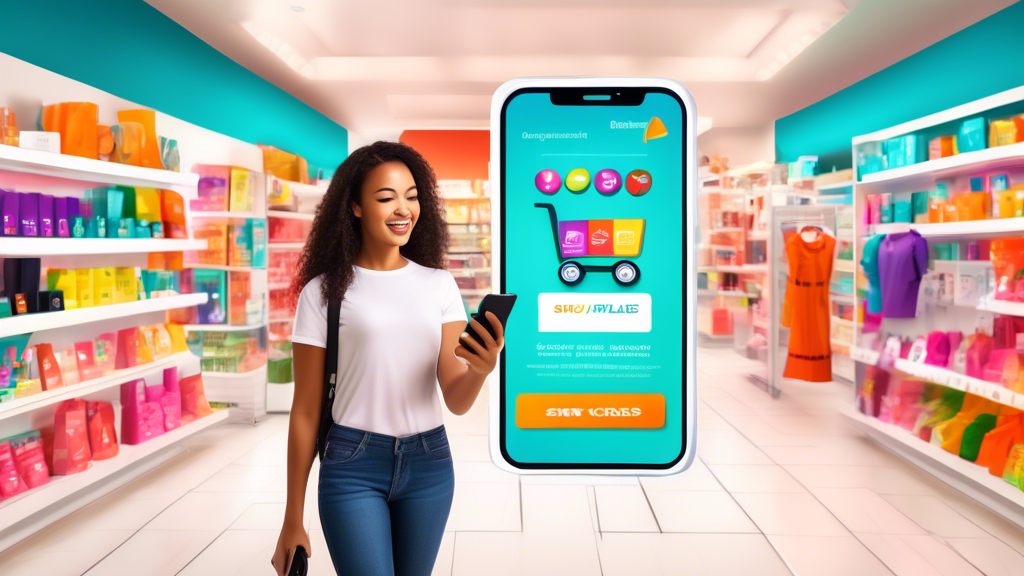 A vibrant retail store with a variety of products, customers browsing the aisles, and a store manager holding a phone showing SMS notifications. The messag