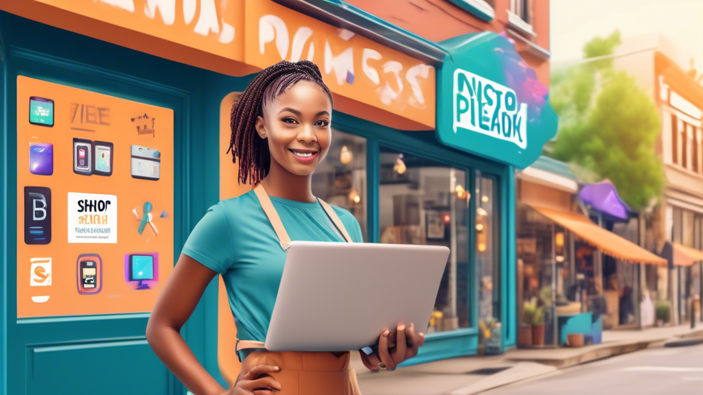 Create an image of a small business owner standing confidently in front of their shop, surrounded by various content creation tools like a laptop, camera,