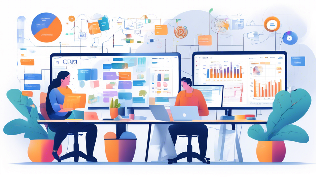 A detailed illustration of a modern office environment with a variety of scenes highlighting teamwork, software, and budget sheets. Team members are workin
