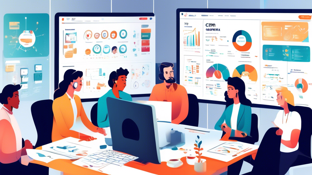 A detailed illustration of a CRM software dashboard on a computer screen, with icons representing different steps to successful implementation. Around the