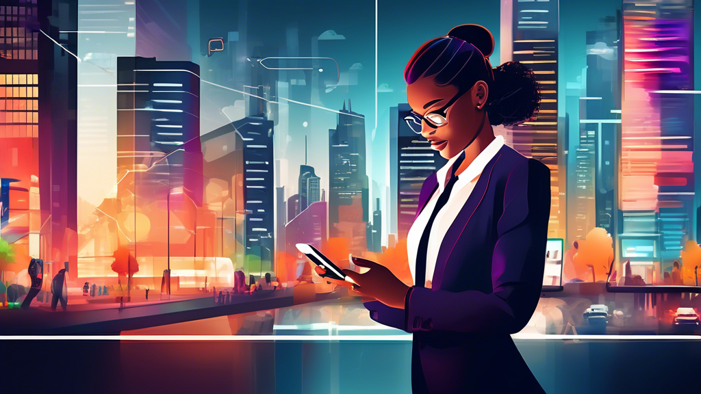 A business professional in a modern urban setting, efficiently managing client relationships and tasks on a sleek mobile device. The background shows a bus