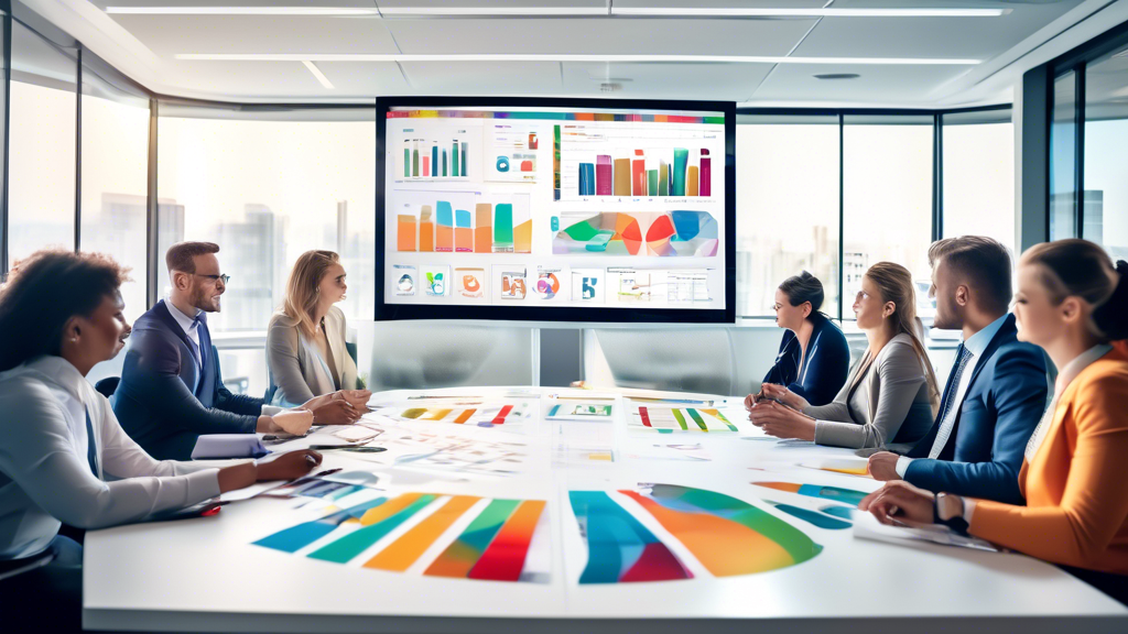 A modern office setting with a diverse team gathered around a conference table, analyzing colorful CRM reporting dashboards displayed on a large screen. Th