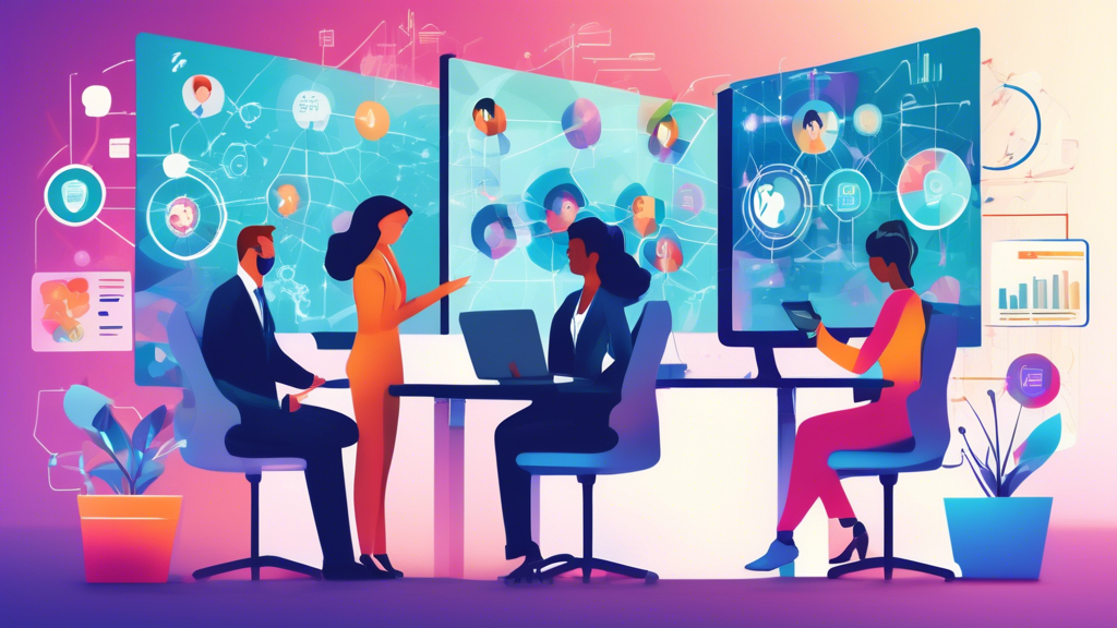 A dynamic office environment showing a diverse team collaborating and using digital devices, with a visualization of an expanding CRM system represented by