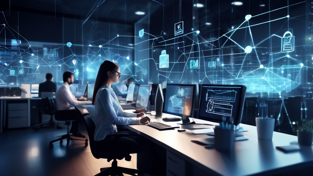 Create an image of a professional and modern office environment where employees are working on computers with graphs and charts on their screens. In the fo